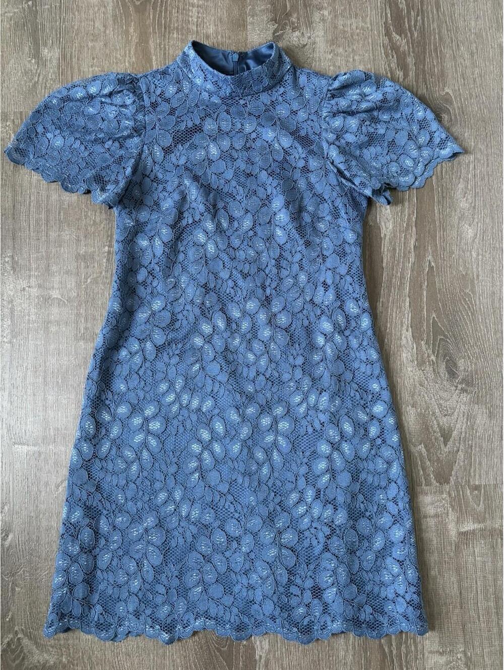 Eliza J Women's Blue Floral Lace Swing Silhouette Cocktail Dress Short Sleeve 2